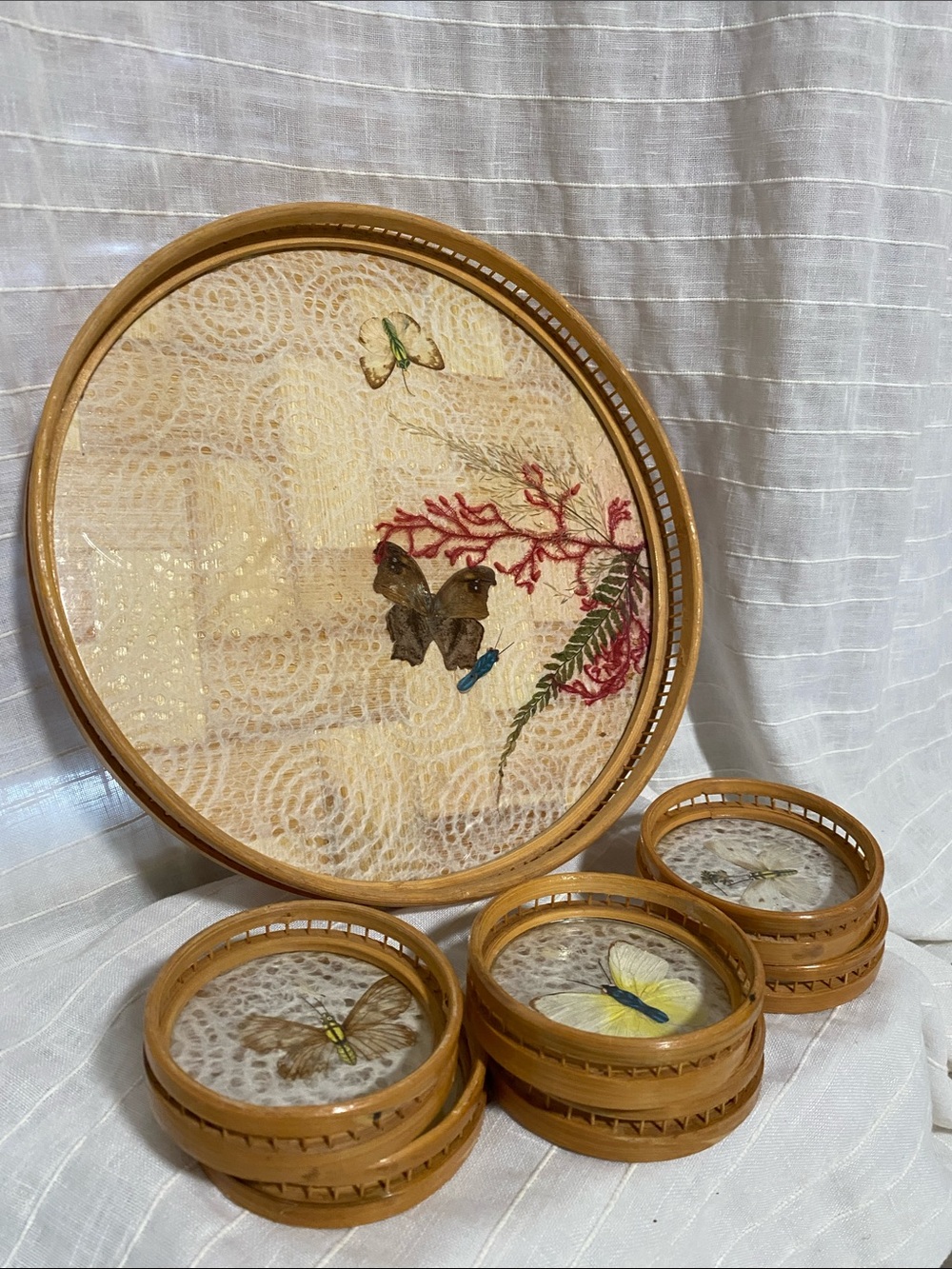 Vintage Tan and Brown Butterfly Bamboo Coasters and Tray Set of 7